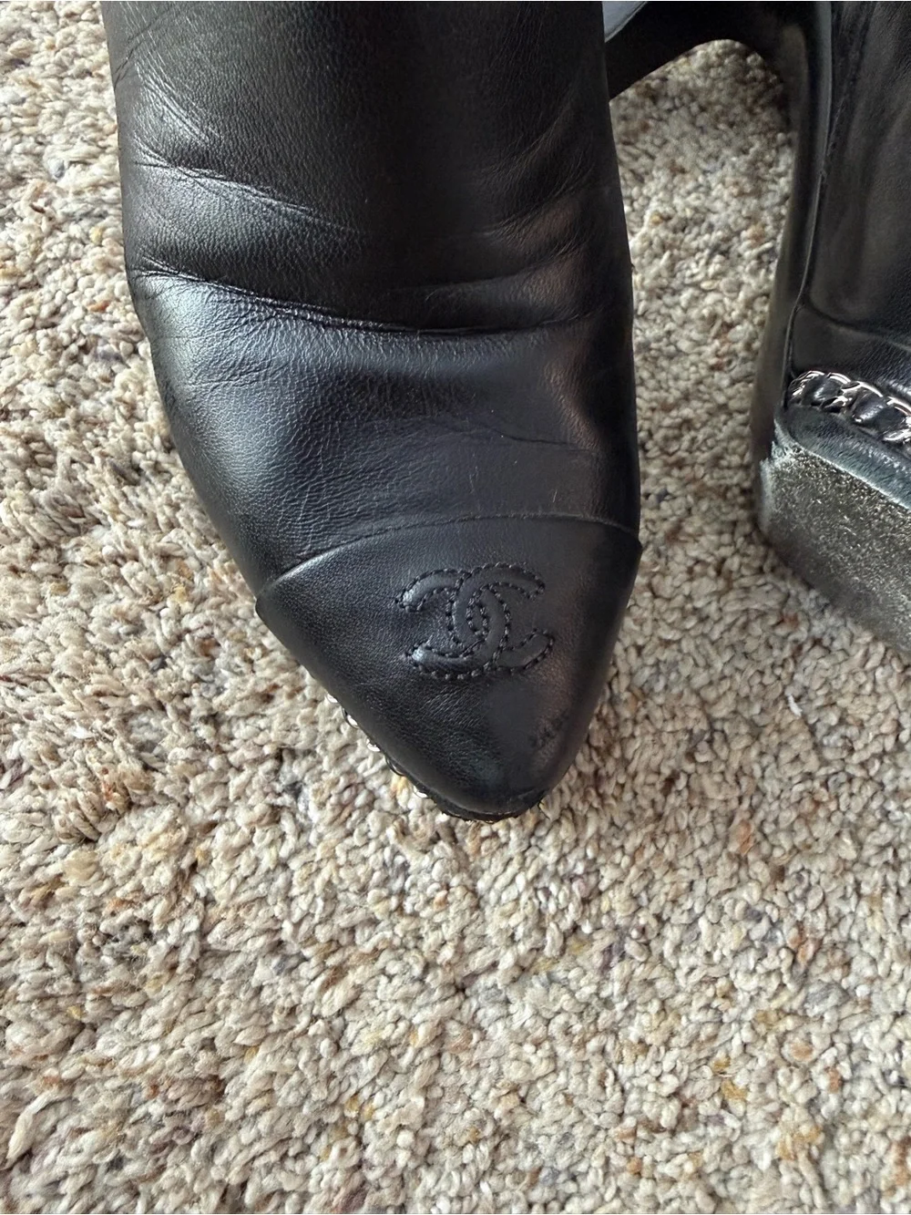 CHANEL Black Leather Chain-Trim Ankle Booties